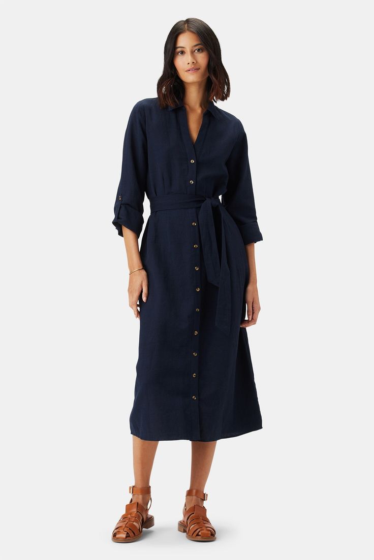 Joyce Cotton Linen Dress - Navy Blue Navy Cord Dress, Blue Linen Dress Outfit, Linen Dress Outfit, Blue Linen Dress, Navy Shirt Dress, Bakery Display, Button Shirt Dress, Navy Blue Linen, Cotton Linen Dresses