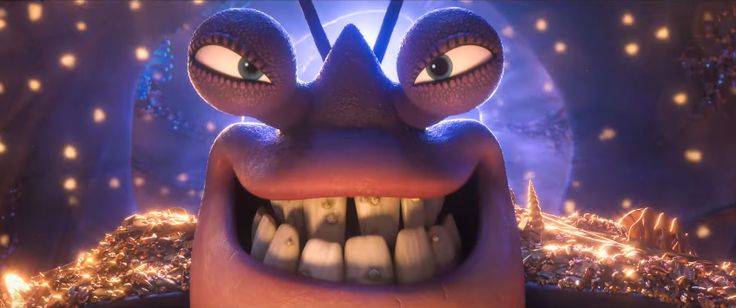 an animated character with big teeth and glowing lights in the background, looks like he is smiling