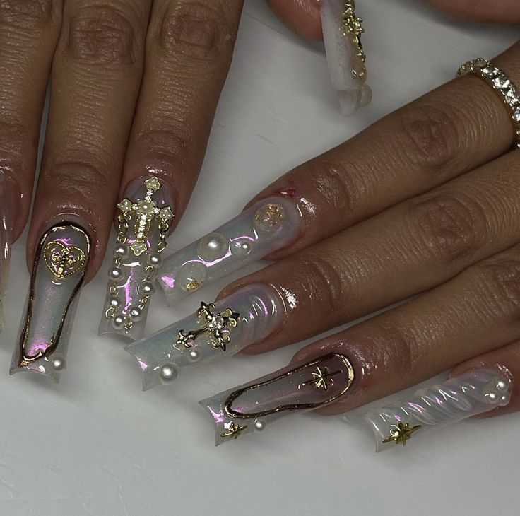 Rolling Loud Nail Ideas, Catholic Nails Acrylic, Nails 90s Aesthetic, Royal Nails Aesthetic, Ethereal Nails Aesthetic, Opiumcore Nails, Extreme Nails Designs, Elegant Long Nails, Royalty Nails