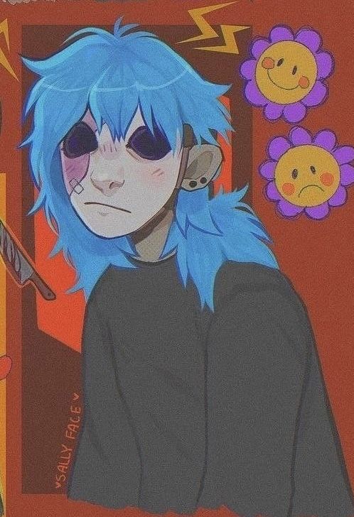 a drawing of a person with blue hair