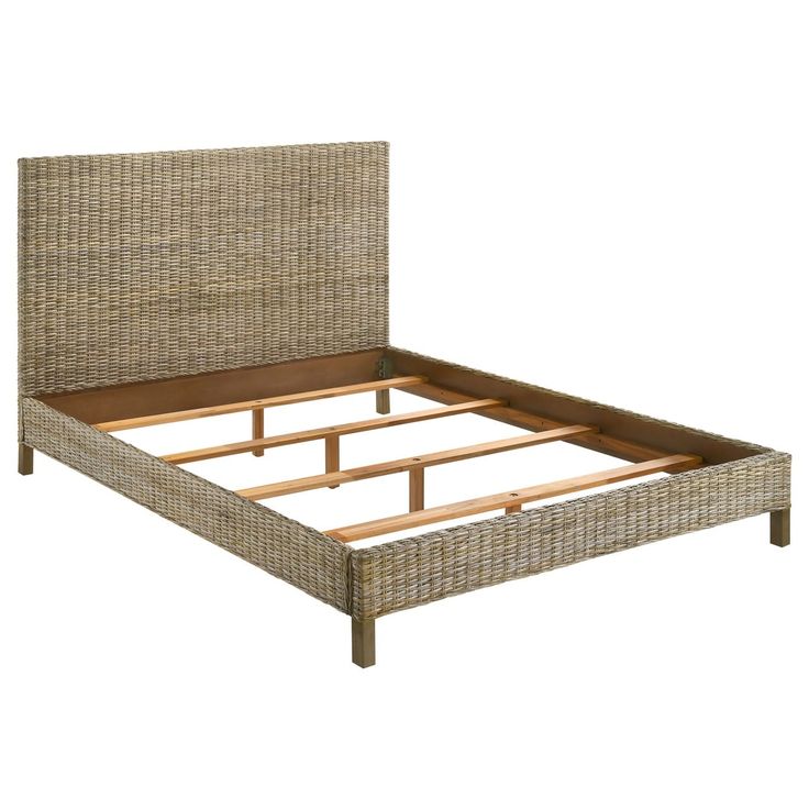 an image of a bed with wicker headboard