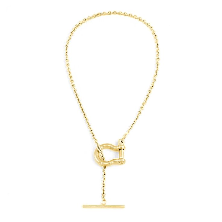 This exquisite lariat necklace features a sleek T-Bar that delicately threads through a functional horse-bit shackle, adding an elegant touch to the chain. Its refined design effortlessly layers with other pieces for a flawless look. Available in Gold (18kt Gold Plated over Stainless Steel) and Silver (Stainless Steel). 18K PVD Gold/Silver Stainless Steel Chain 16" in Length / Lariat Choker Style Easily unscrews to slide on charms Water and Tarnish Resistant: Crafted to withstand everyday wear and tear Hypoallergenic: Made with high-quality materials and is safe for those with sensitive skin Modern Formal Toggle Necklace With Adjustable Chain, Classic Lariat Necklace With Delicate Chain, Elegant Chain Necklace With Toggle Clasp For Formal Wear, Elegant Chain Necklace With Toggle Clasp For Formal Occasions, Elegant Chain Necklace With Toggle Clasp For Formal Events, Elegant Yellow Gold Lariat Toggle Necklace, Gold Lariat Necklace With Toggle Clasp, Elegant Lariat Chain Necklace With Lobster Clasp, Yellow Gold Lariat Toggle Necklace With Chain