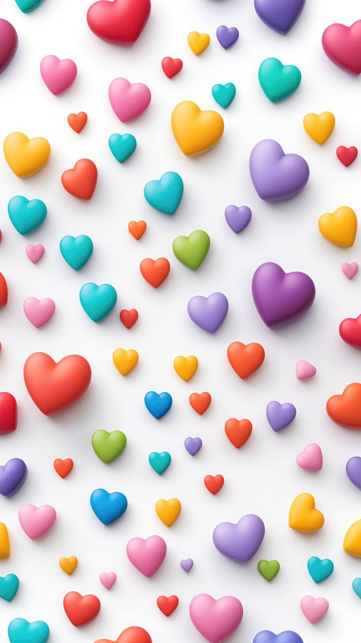 multicolored hearts are scattered on a white background