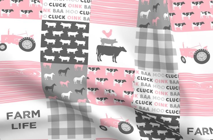 an image of farm life fabric with cows and tractors on it's pink background