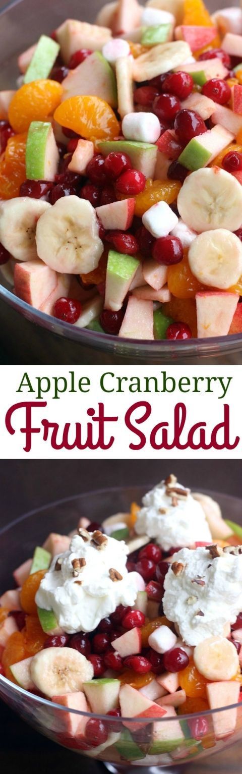 an apple cranberry fruit salad is shown in two separate bowls with the same toppings