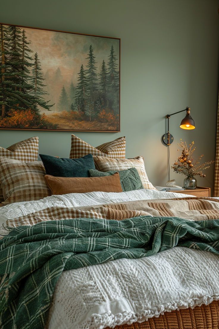 bedroom ideas, bedroom inspo, fall home decor, room ideas, fall bedrooms Master Bedrooms Decor Easy, Nature Guest Bedroom, Bedroom Inspirations Autumn, Mossy Green Aesthetic Bedroom, Bed Facing Window Layout, Colorado Vibe Decor, Fall/winter Bedding, Green Plaid Bedroom, Fall Bedrooms Autumn