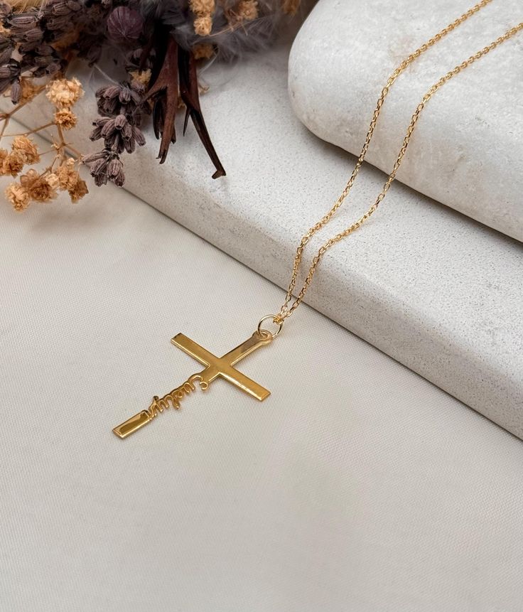 Personalized Cross Necklace in 14K Solid Gold, Engraved Cross Necklace with Name, Large Cross Necklace, Cross Name Necklace, Baptism Gift ♡The best and most valuable way to make a memory of your name or the name of your loved ones, as well as to show your uniqueness. ♡Carry the name of your loved ones or give them a gift that will bear your name. ♡No matter when and where you are, you will always remember the important person in your life, because you are not alone and there is someone you miss. Cross-shaped Name Jewelry For Anniversary, Name-engraved Cross Jewelry For Anniversary, Anniversary Jewelry With Name And Cross Shape, Cross Pendant Jewelry With Name For Gift, Name-engraved Cross Pendant Jewelry Gift, Name Engraved Cross Pendant Jewelry Gift, Name Engraved Cross Pendant Jewelry For Gift, Yellow Gold Cross Necklaces For Baptism, Name Necklace With Cross Pendant For Gift