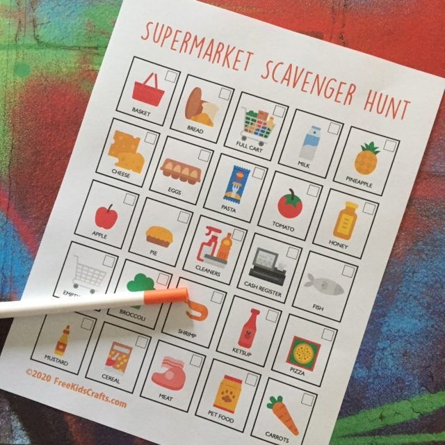 a super market scavenger hunt is shown on a colorful background with an orange marker