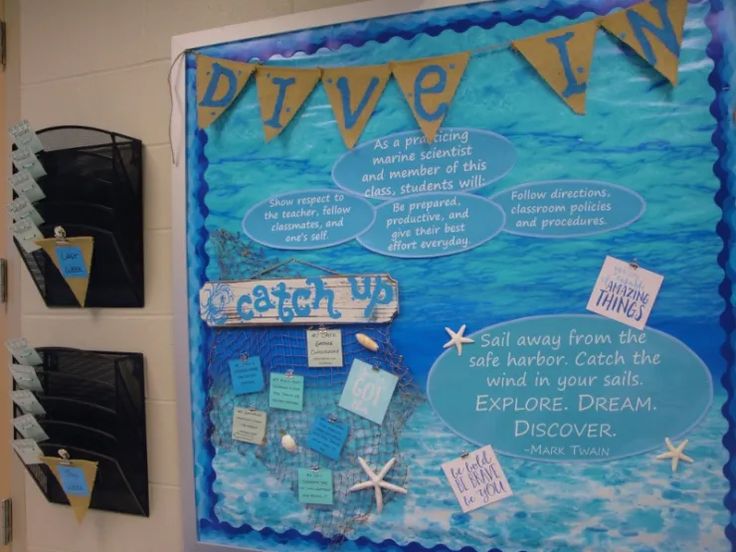 a bulletin board with writing on it and pictures hanging from the wall in front of it