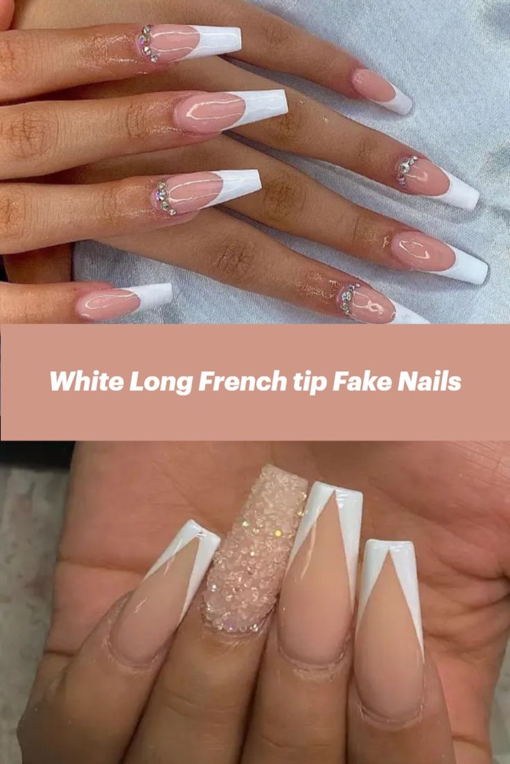 White Long French Tips Fake Nails White French Tip Long Acrylic Nails, Long Coffin French Nails, French Tip On Long Nails, White French Tip Designs Acrylic, Long French Nail Designs, Coffin French Tip Nails With Rhinestones, Long French Tip Nails Coffin, French Coffin Acrylic Nails, Ballerina French Tip Nails