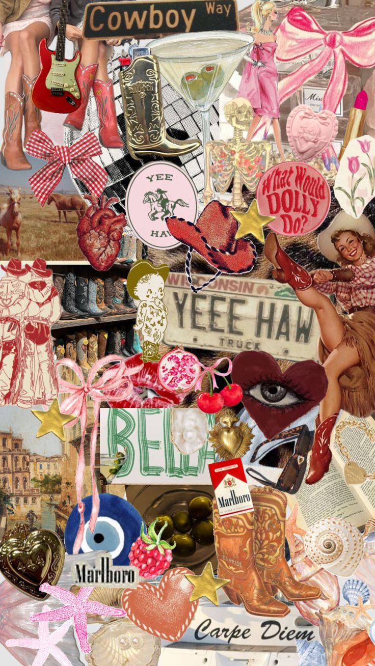 a collage of various items including hats, signs and other things