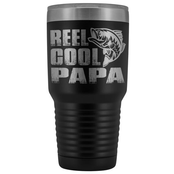 a black tumbler cup with the words reel good papa on it