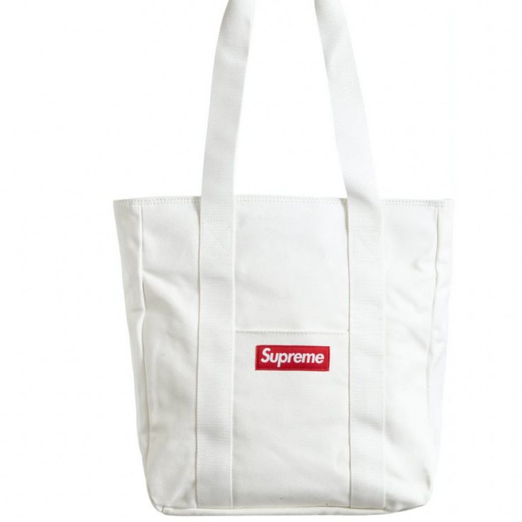 Supreme Canvas Tote Bag White Red New Fw20 Original Plastic Bag Luxury White Shoulder Bag With Large Capacity, White Luxury Large Capacity Shoulder Bag, Luxury White Large Capacity Shoulder Bag, Luxury Large Capacity White Shoulder Bag, Chic Canvas Bags With Logo, Casual Top Handle Shoulder Bag With Logo, Large Capacity White Canvas Satchel Bag, Large Capacity White Canvas Satchel, White Canvas Satchel Shoulder Bag