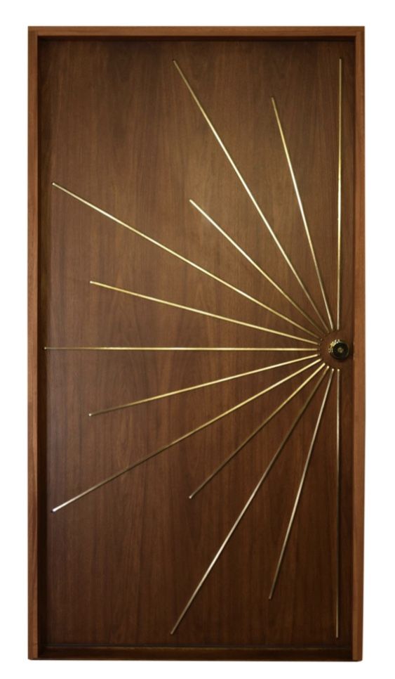 a wooden door with metal rods sticking out of the front and side panels on it