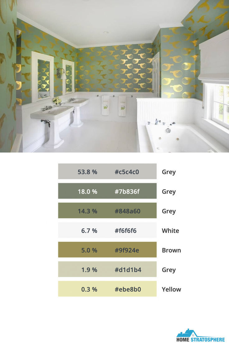 Primary Bathroom with Pedestal Sink, Drop-in Soaking Tub, and Gold Patterned Wallpaper Bathrooms With Pedestal Sinks, Bathroom With Pedestal Sink, Primary Bathrooms, Black Clawfoot Tub, Pedestal Sink Bathroom, White Beadboard, Floating Glass Shelves, Louver Windows, Patterned Wallpaper