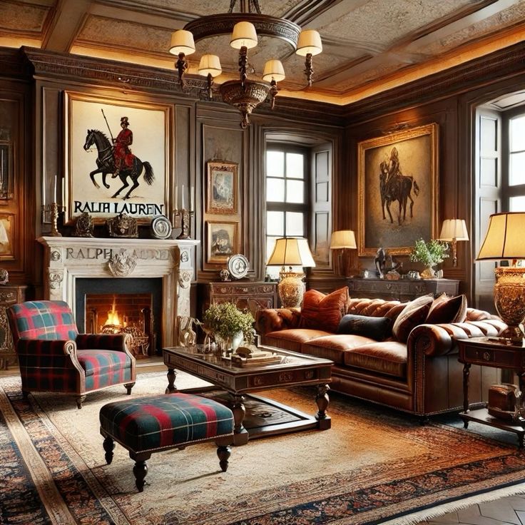 Ralph Lauren Aesthetic Home Decor, British Lounge Room, Old Money Cabin Aesthetic, Ralph Lauren Library Interior Design, Polo Ralph Lauren Interior Design, Ralph Lauren Decor Style, English Country Furniture, Ralph Lauren Living Room English Country, English Country Interior Design Style