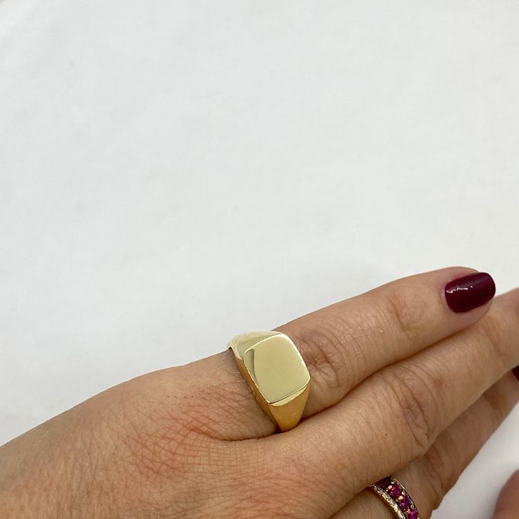 MELIGreece's 14k yellow gold unisex ring with square-shaped dynamic design for the pinky finger. Ring size: 50.0 FR size / 5 1/4 US size. That chevalier ring can be created in our workshop at any size. The square is associated with the number 4 and relates to the four elements of the physical world: earth, air, water and fire.  14k solid gold signet ring custom made in MELIGreece's workshop in Athens. Timeless solid gold male or female ring with square design, a stylish choice for a son's graduation gift, a husband's anniversary present. Accompanied by an elegant jewerly box and gift packaging. We combine it with MELIGreece's solid gold cross necklace https://www.etsy.com/listing/828641435/cross-round-pendant-14k-yellow-gold-with?click_key=914a8d58c0e16c8d01326f475fb1e6a1ac3e07d2%3A8286414 Square Classic Signet Ring For Formal Occasions, Modern Gold Square Signet Ring, Classic Square Signet Ring For Formal Occasions, Formal Classic Square Signet Ring, Elegant Gold Square Signet Ring, Yellow Gold Thick Band Signet Ring Stamped 14k, Minimalist 14k Gold Rectangular Signet Ring, Square Cut Yellow Gold Ring With Polished Finish, Rectangular Yellow Gold Signet Ring For Anniversary