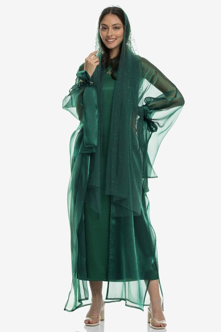 Shop Green Tie-Up Sheer Abaya Online | Kayfi Sheer Abaya, Abaya Online, Green Tie, Organza Fabric, Kimono Sleeve, Dubai Uae, Cash On Delivery, Trending Now, In Dubai