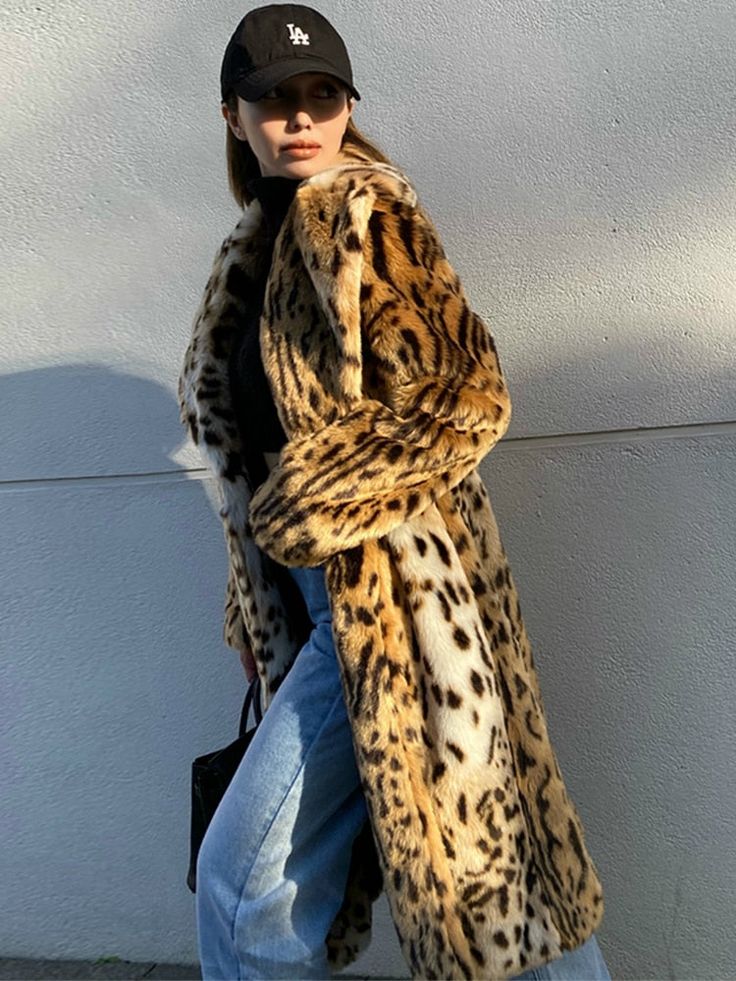 LAUTARO Women's Fine Fashion Brown Leopard Print Luxury Style Long Faux Fur Plush Coat Jacket - Divine Inspiration Styles Leopard Print Fur Coat, Leopard Fur Coat, Leopard Print Faux Fur Coat, Long Down Coat, Womens Faux Fur Coat, Fluffy Coat, Fur Coats Women, Print Coat, Coat Women