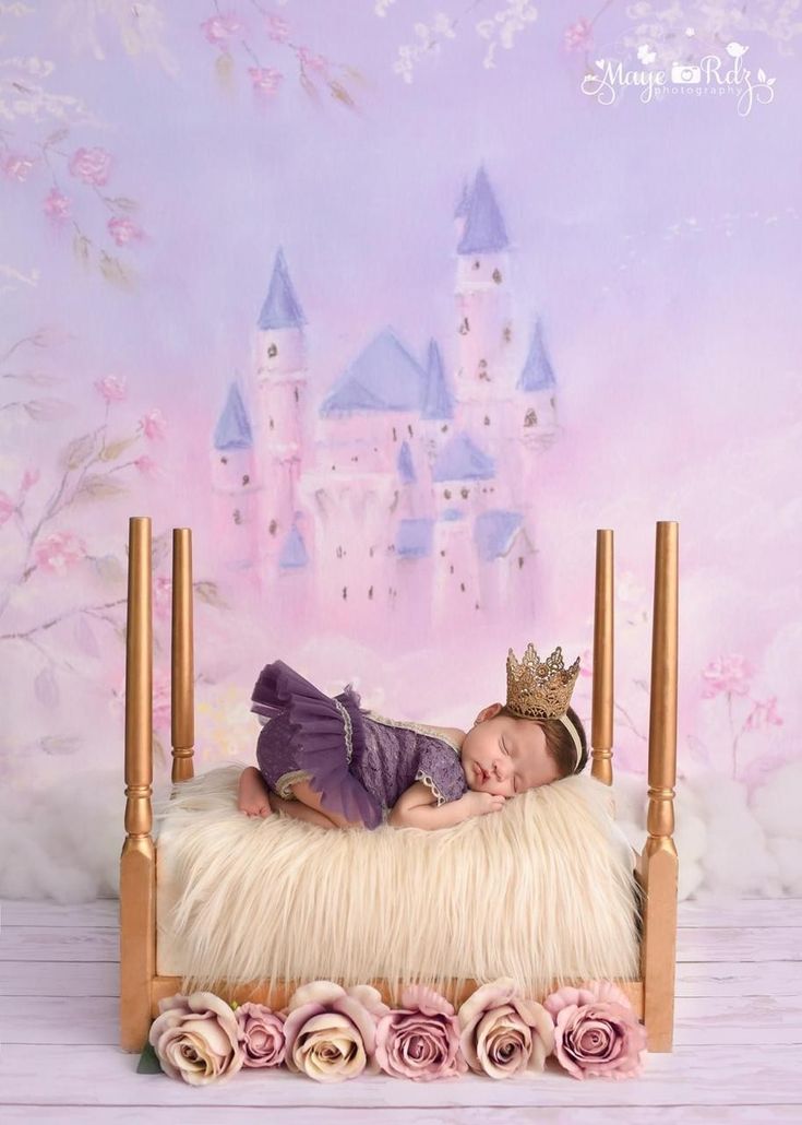 a baby sleeping on a bed with a castle in the back ground and pink roses around it