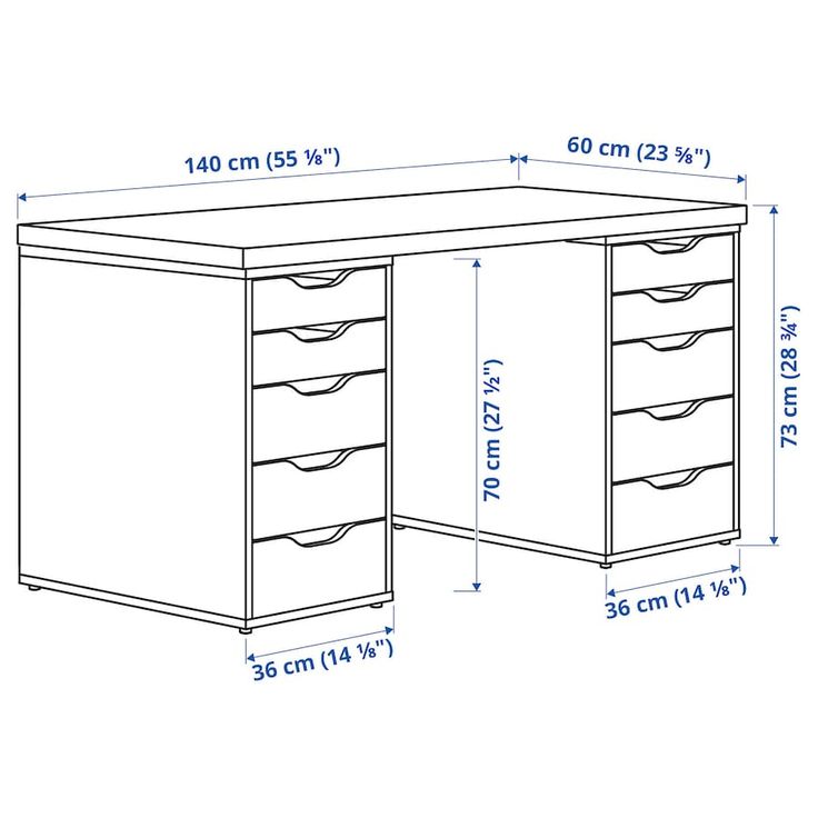 a drawing of a desk with drawers and measurements for the top drawer, side view