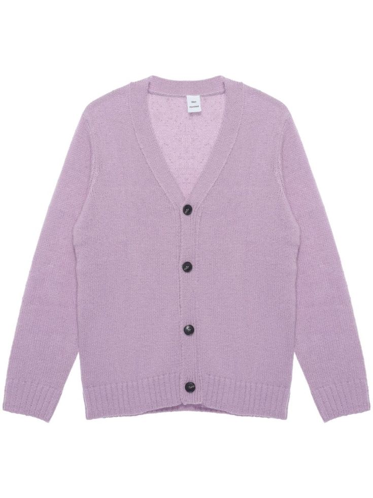 purple wool blend long sleeves front button fastening V-neck ribbed cuffs and hem Winter Fine Knit V-neck Cardigan, Winter V-neck Fine Knit Cardigan, Fine Knit V-neck Winter Cardigan, Fine Knit V-neck Cardigan For Winter, V-neck Fine Knit Cardigan For Winter, Fine Knit V-neck Winter Outerwear, Spring Merino Wool Cardigan With Ribbed Cuffs, Purple Long Sleeve Cardigan With Button Closure, Purple Winter Workwear Cardigan