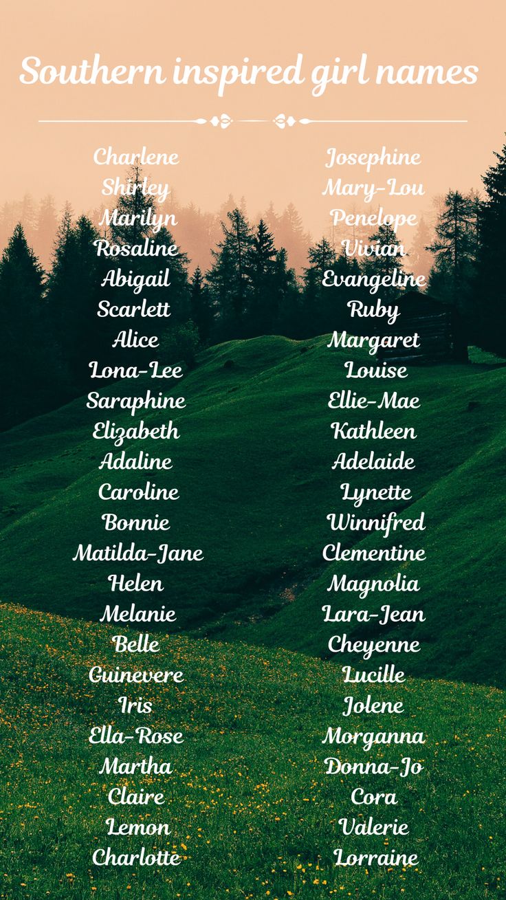 the southern inspired girl names are shown in green grass with trees in the back ground