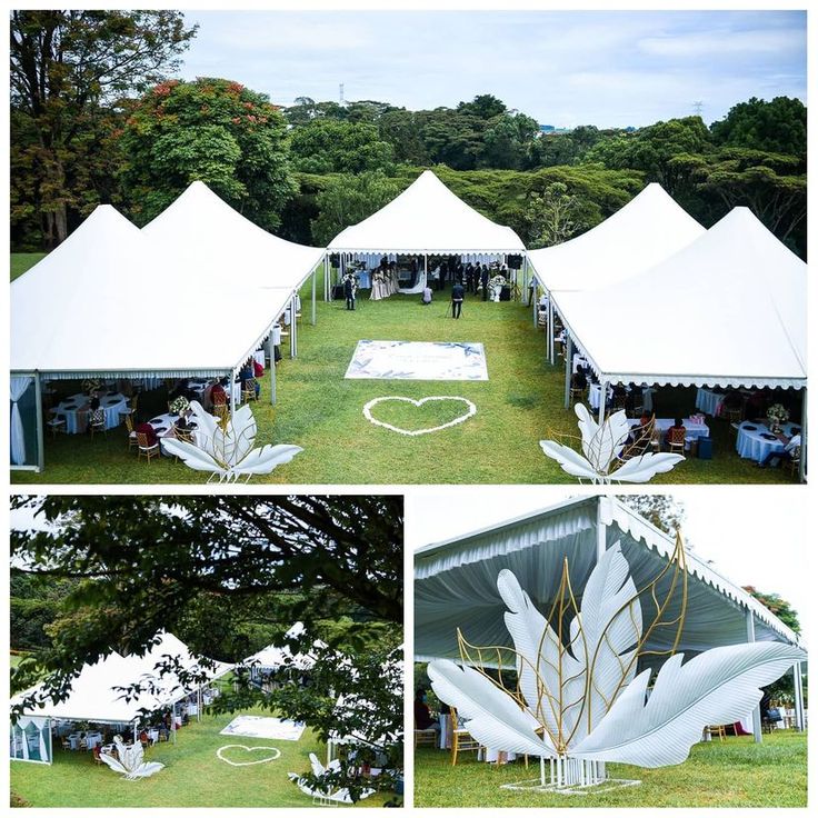 several pictures of white tents and tables in the grass