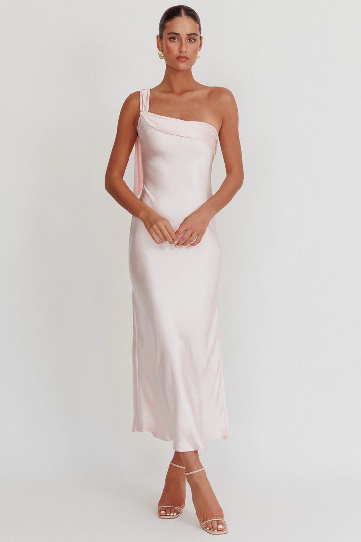 Shop the Carmel One-Shoulder Sash Maxi Dress Blush | Selfie Leslie One-shoulder Satin Maxi Dress For Night Out, One Shoulder Satin Maxi Dress For Night Out, One-shoulder Satin Strapless Dress For Prom, One-shoulder Bias Cut Dress For Prom, One Shoulder Bias Cut Dress For Prom, One Shoulder Satin Dress For Prom In Summer, Spring Off-shoulder Satin Prom Dress, Feminine One-shoulder Midi Dress For Wedding, Satin One Shoulder Sleeveless Prom Dress