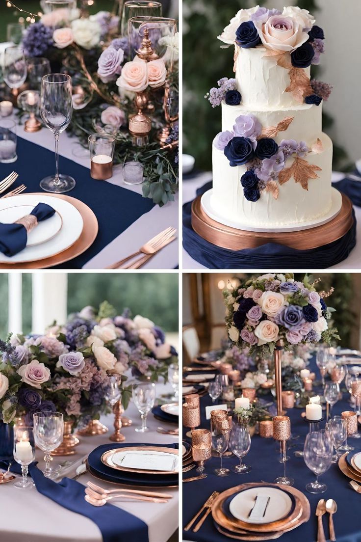 the table is set with blue and white flowers, gold chargers, and silverware