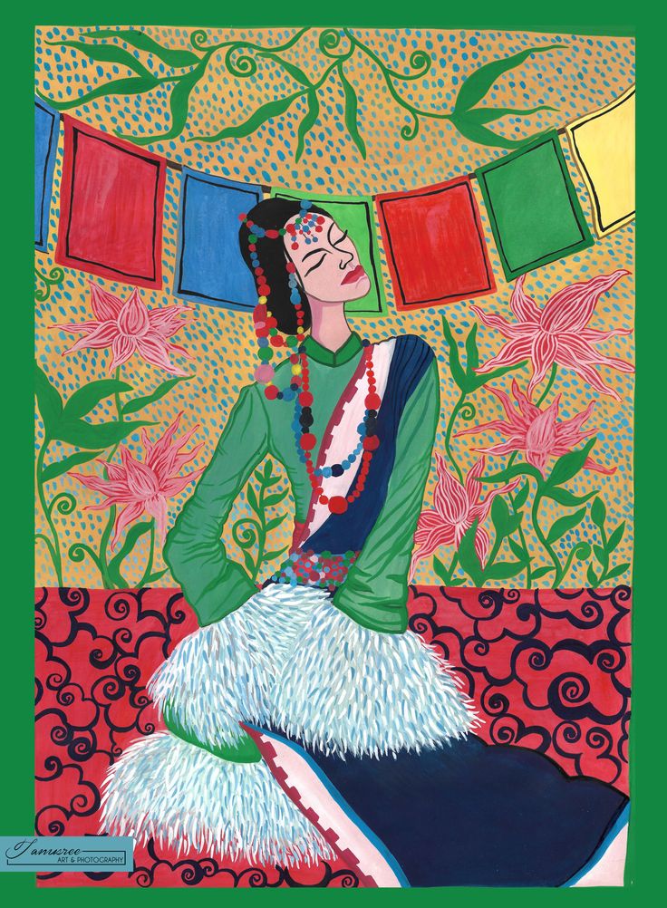 a painting of a woman sitting on top of a red rug with flowers in the background