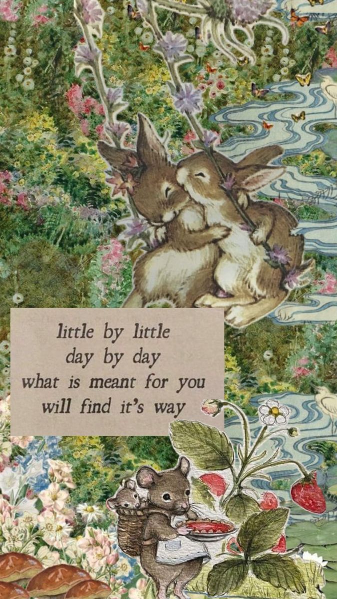 a card with rabbits and flowers on it