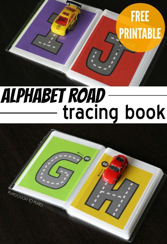 an alphabet road book with cars on it and the title overlay reads free printable