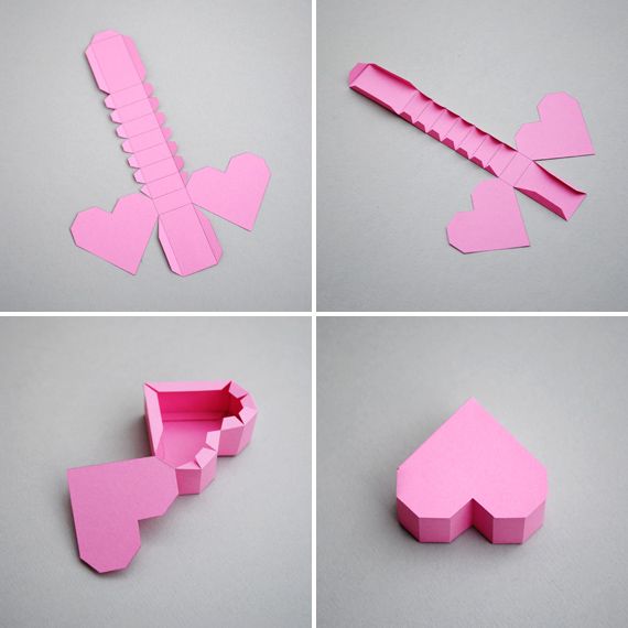 four pictures of different shapes and sizes of pink paper with hearts, arrows, and an arrow