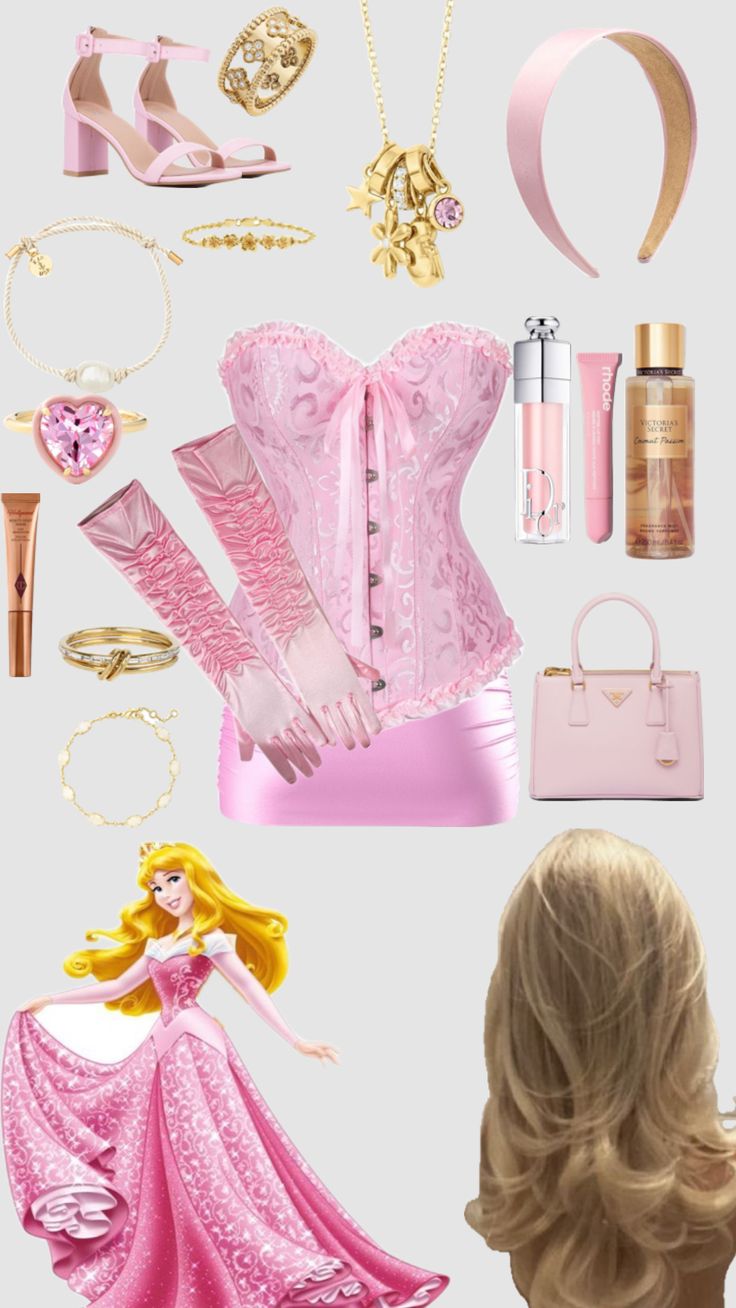 a woman's pink dress and accessories are arranged in the shape of a princess