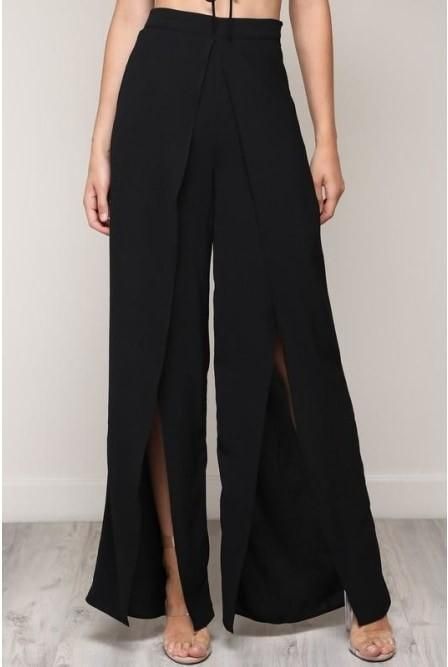 PRODUCT DESCRIPTION -Wide leg pants -Split leg -Side Zipper -97% Polyester 3%Spandex Side Split Pants Pattern, Pants With Slits On The Side, Outfits Casamiento, Split Leg Pants, 21 Diner, Black Pants Outfit, Ripped Jeans Women, Split Pants, Black Leather Leggings