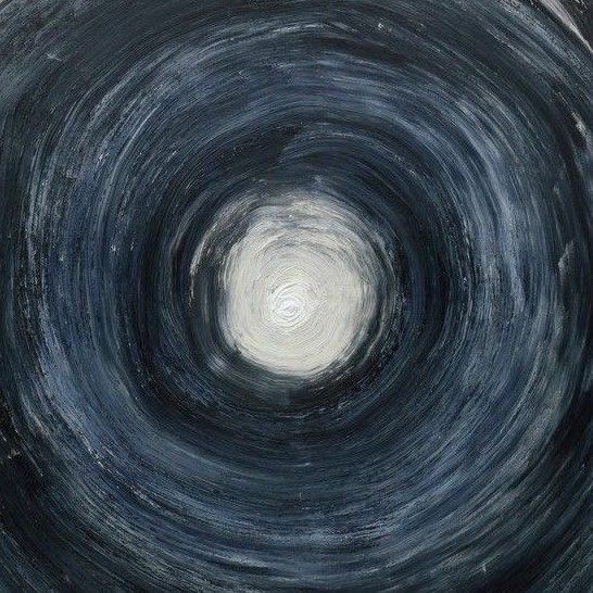 an abstract painting with black and white swirls in the center on a dark background