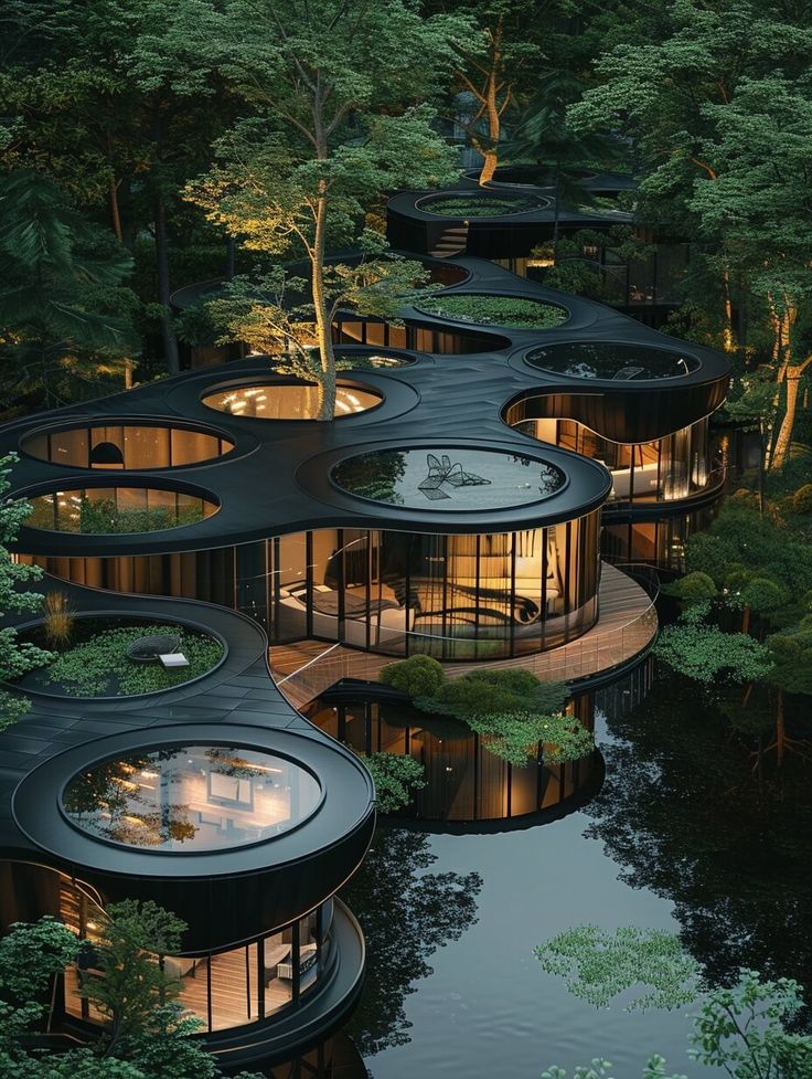 an unusual house in the woods surrounded by trees and water, with circular windows on each side