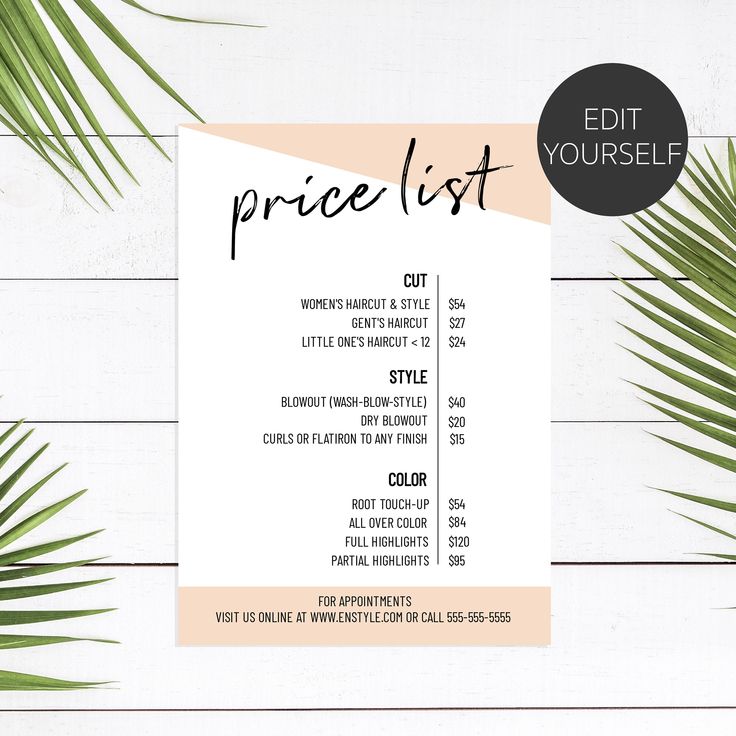 a price list with palm leaves next to it on a white wooden background and the words price list written in black