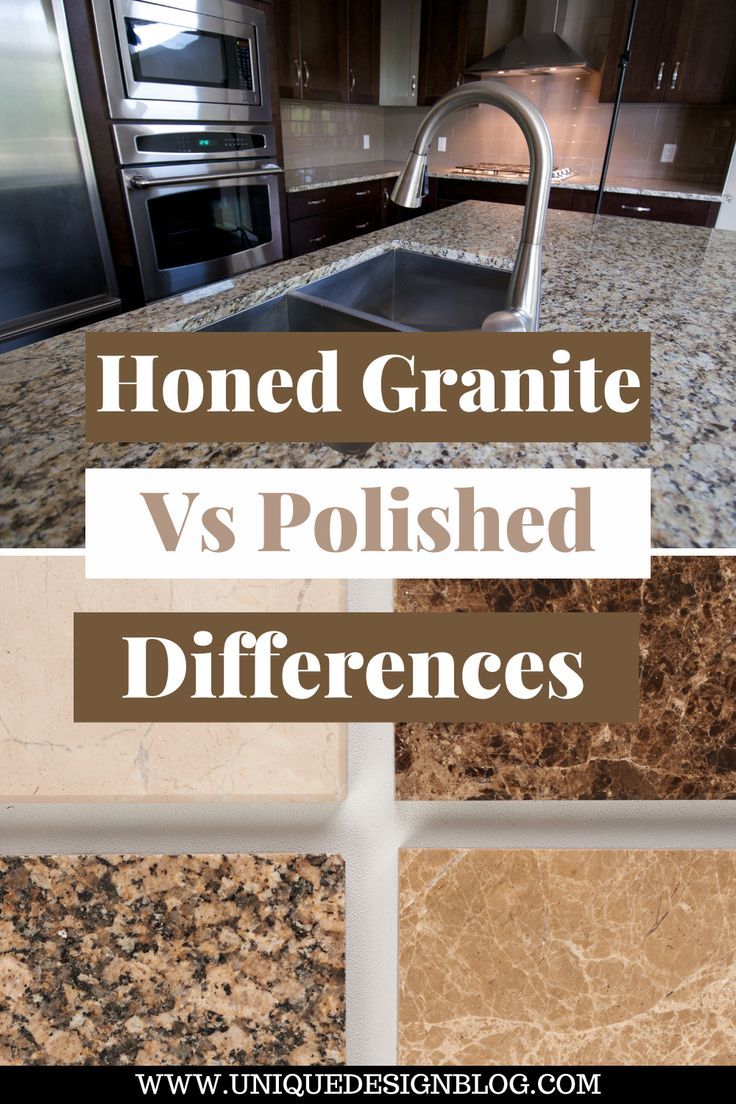 granite vs polished differences in the kitchen counter tops and backsplashes with text overlay that reads, honed granite vs polished differences