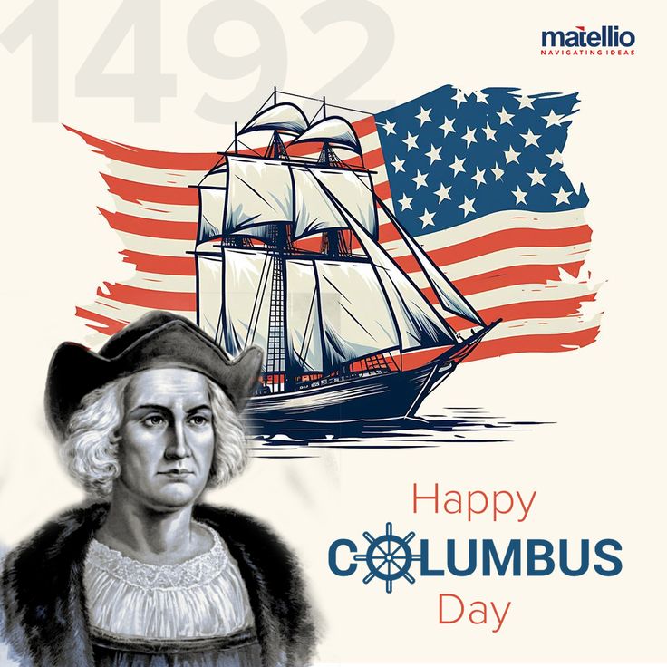 an image of a happy columbus day with the american flag and a ship in the background