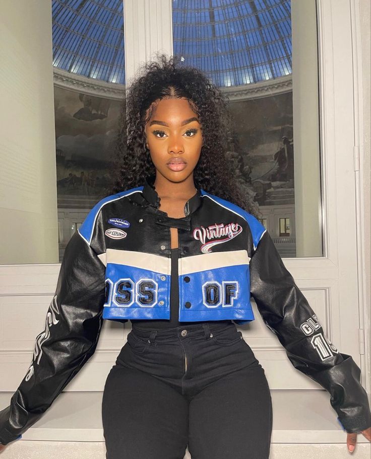 Motorcycle Jacket Outfit Black Women, Motor Cross Jacket Outfit, Varsity Jacket And Cargo Pants, Crop Biker Jacket Outfit, Motorsport Jacket Outfit, Cropped Racer Jacket Outfit, Nascar Jacket Outfit For Women, Varsity Jacket Outfit Women Street Style, Car Racer Outfit Women