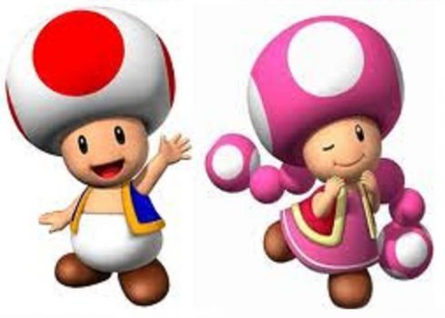 an image of two cartoon characters with different costumes and hair styles, one wearing a mushroom hat