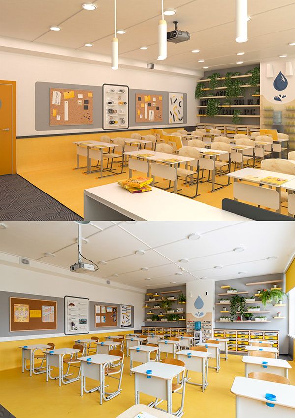 there are two pictures of the inside of a school with tables and chairs in it