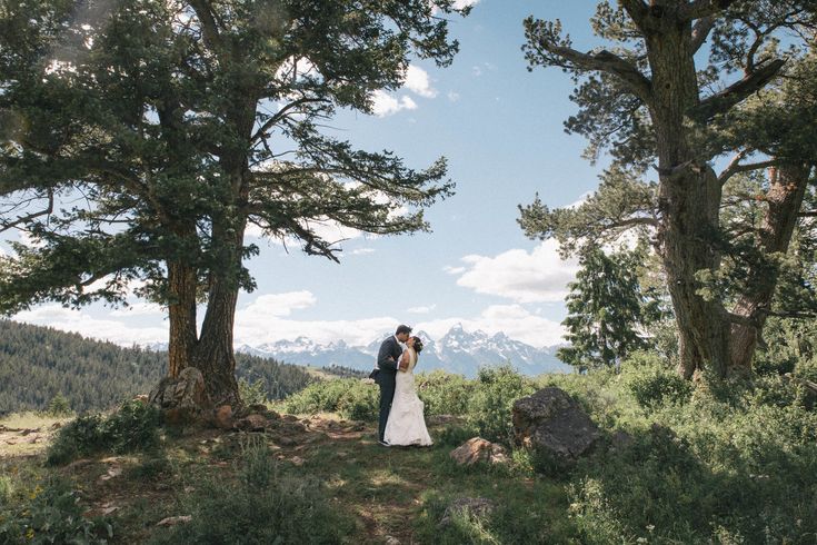 a bride and groom standing in front of trees on top of a hill with mountains in the background