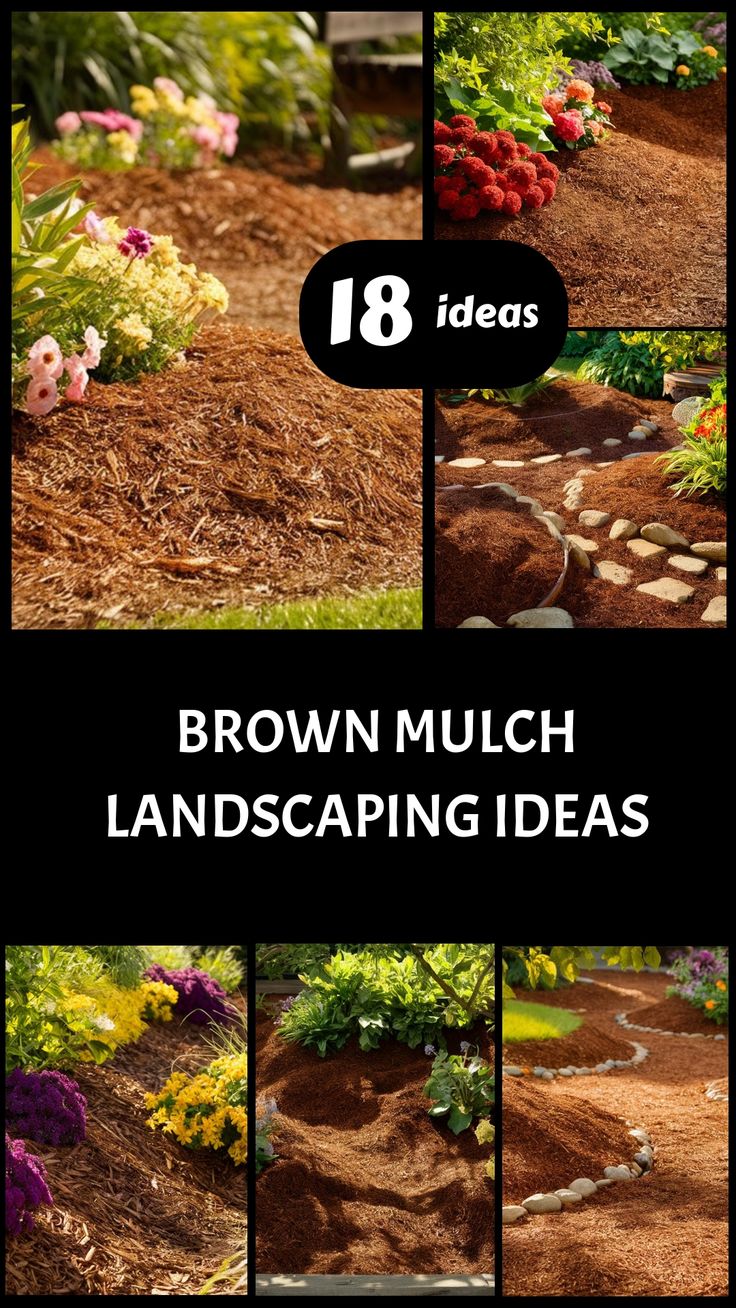 brown mulch landscaping ideas with text overlaying the image and below it are images of various plants