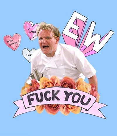 a man in a chef's uniform surrounded by hearts and flowers with the words f k you on it