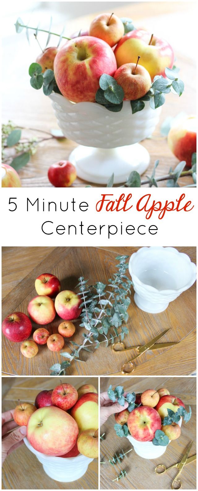 an image of apples in a white bowl on a table with text overlay that reads 5 minute fall apple centerpiece