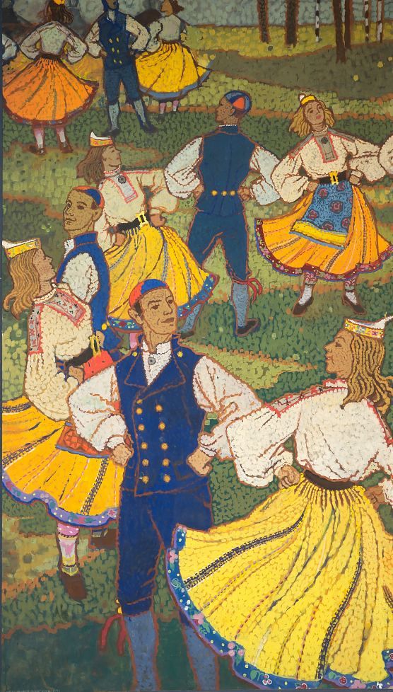 an image of people dancing on the grass with trees in the backgrouf