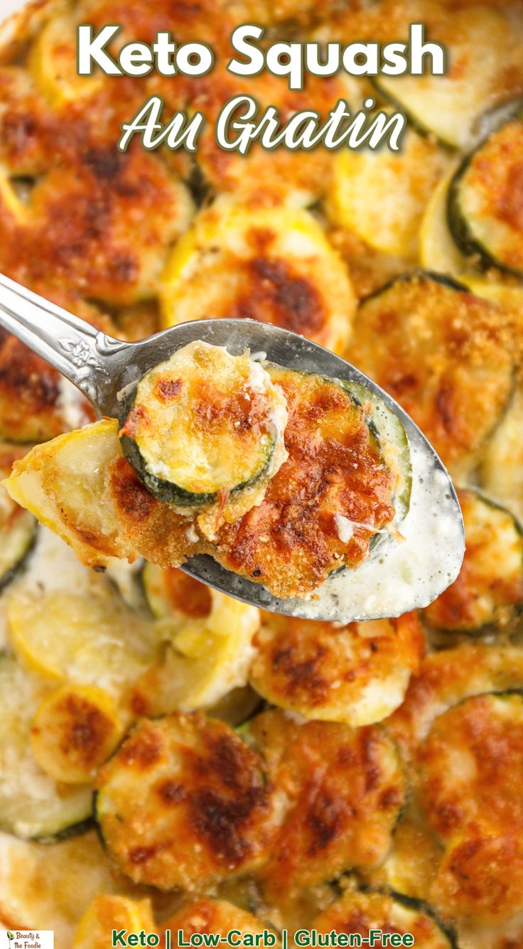 A squash au gratin casserole dish with a spoonful of creamy cheesy zucchini coming out of the dish. Sides Dishes Low Carb, Thm Side Dishes Simple, Keto Squash Au Gratin, Keto Summer Squash Casserole, Au Gratin Squash, Veggie Side Dishes For Diabetics, Keto Zucchini Gratin, Squash Casserole Keto Friendly, Keto Zucchini Side Dish Recipes